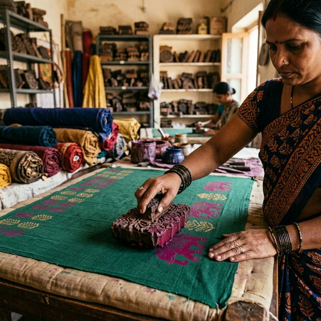 Artisan at work - handblock printing in Jaipur workshop