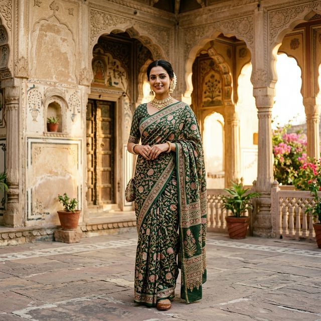 Model wearing handblock printed saree